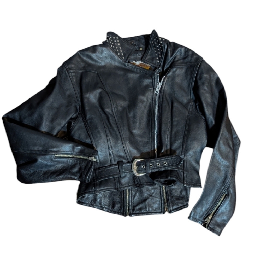 Vtg Harley Davidson Black Leather Jacket Studded Detailing Zippers Moto Sz L - Picture 13 of 14